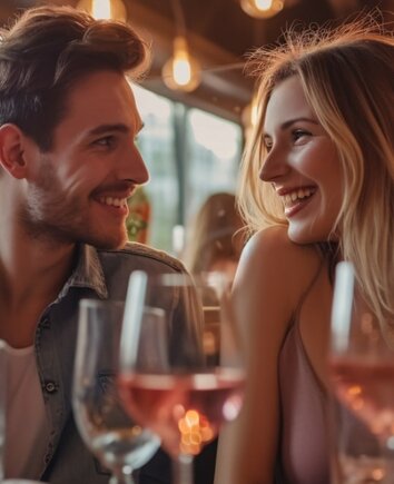 Ein Mann und eine Frau lächeln sich in einem Restaurant an.