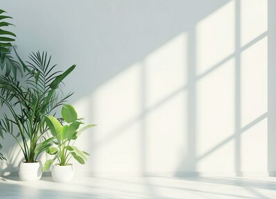 Ein weisser Raum mit Pflanzen und einem Fenster.